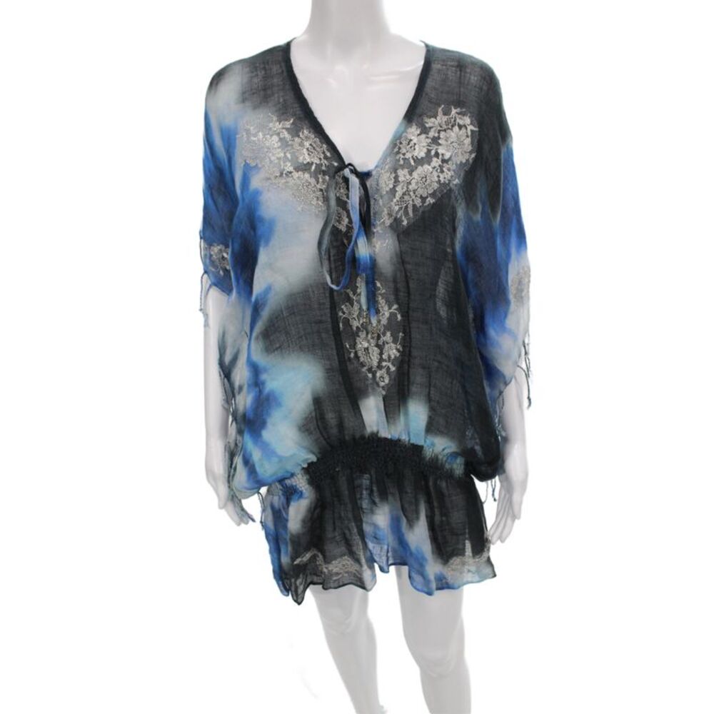 Vanita Rosa Womens Tie Dye Linen Tunic Blouse V-Neck Short Sleeve Black Size S